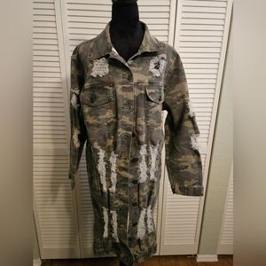 Camouflage Distressed/ Destroyed Denim Jacket